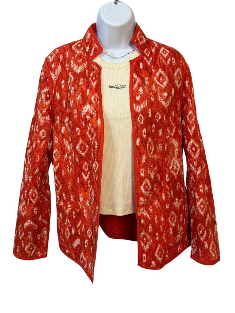 Chico's Quilted Open Front Blazer Jacket Orange White Ikat Print 100% Cotton